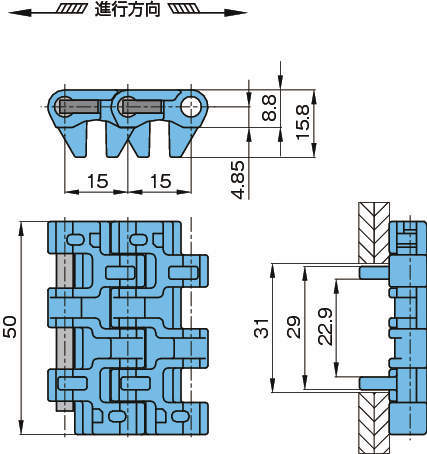 플라스틱모듈라체인 WT1515G-M형