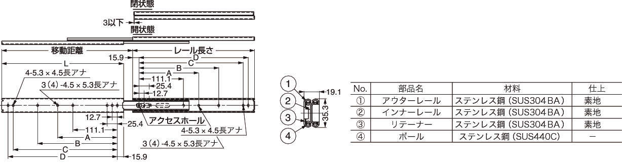 슬라이드레일(전체스테인레스강제  ) SNS35D